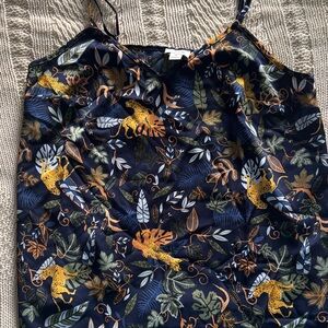 J. Crew Navy and Orange Leaf Print Top